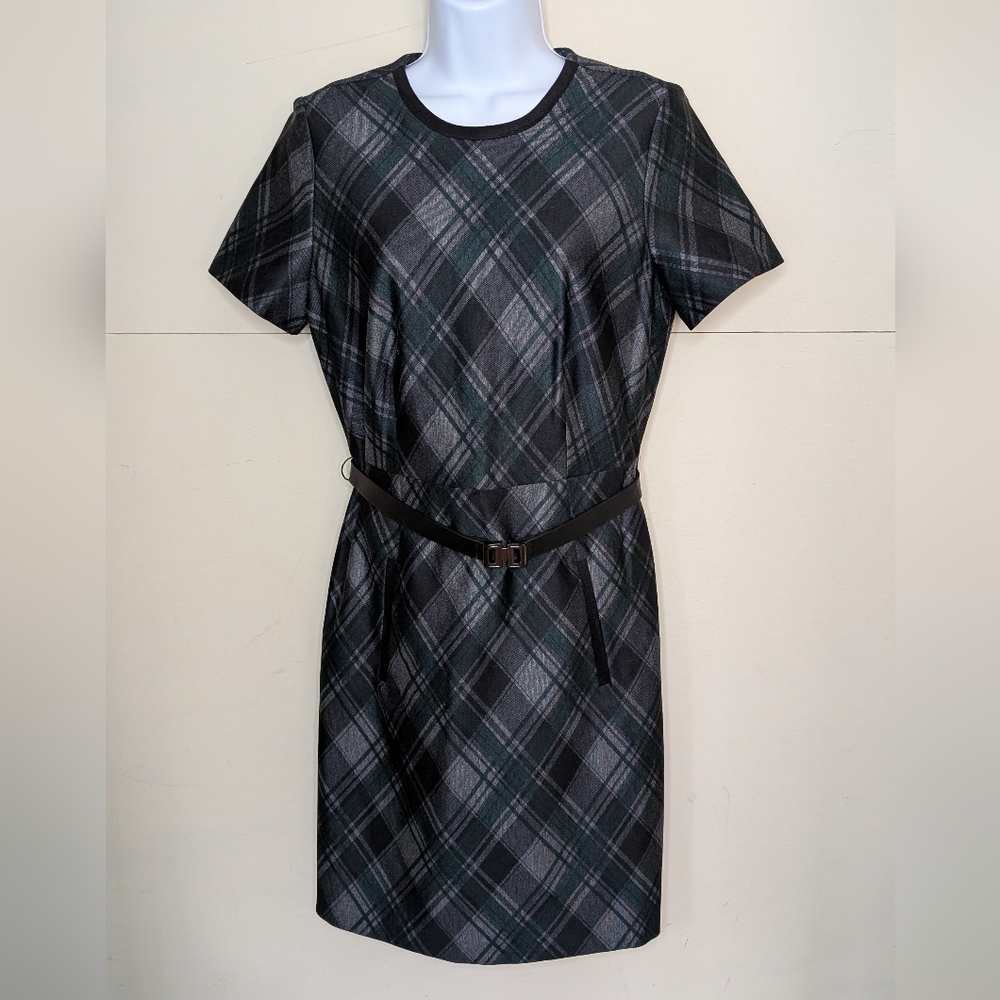 DKNY Short Sleeve Dress Mid Length Green, Gray, and Black Plaid